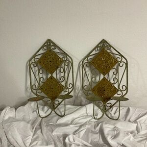 2 Wall Rustic Metal Candle Holder Olive Green Patina – Primitive Farmhouse